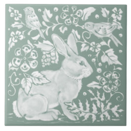  Sage Green Rabbit Bird Woodland Floral Tegeltje