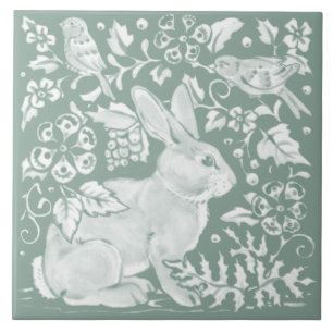 Sage Green Rabbit Bird Woodland Floral Tegeltje
