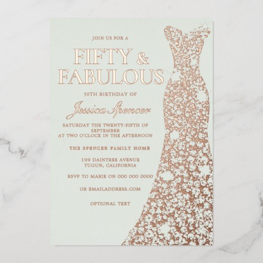 Sage Green Real Roos Gold Dress 50th Birthday Folie Uitnodiging (Voorkant)