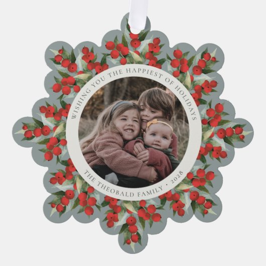 Sage Green Red Berries+Greenery Holiday Paper Ornament Kaart (Voorkant)