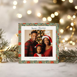 Sage Green & Red Poinsettia Foto Kerstmis Kaart