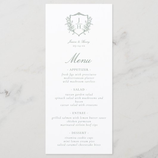 Sage Green Regency Floral Crest Monogram Huwelijk Menu (Voorkant)