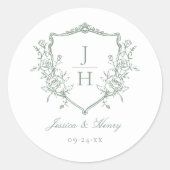 Sage Green Regency Floral Crest Monogram Huwelijk Ronde Sticker (Voorkant)