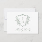 Sage Green Regency Floral Crest Monogram Huwelijk RSVP Kaartje (Voorkant)