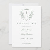 Sage Green Regency Floral Crest Monogram Huwelijk Save The Date (Voorkant)