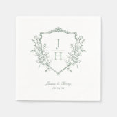 Sage Green Regency Floral Crest Monogram Huwelijk Servet (Voorkant)