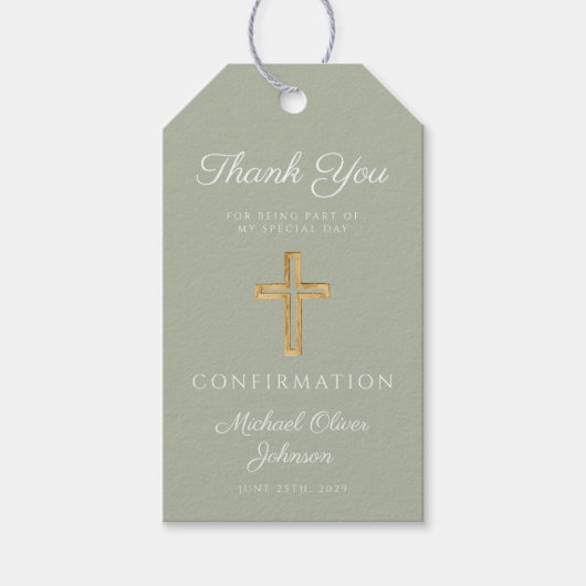 Sage Green Religious Cross Boy Confirmation Cadeaulabel (Voorkant)