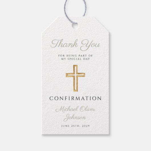 Sage Green Religious Cross Boy Confirmation Cadeaulabel (Voorkant)