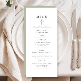 Sage Green Religious Cross Boy First Communion Menu