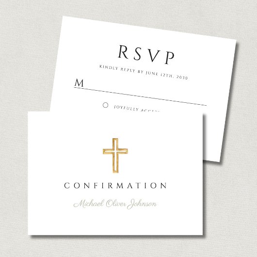 Sage Green Religious Cross Confirmation RSVP Kaartje