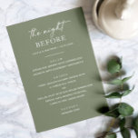 Sage Green repetitie dinermenu | avond ervoor Menu<br><div class="desc">Zet een serene toon voor "The Night Before" met deze salie groene repetitie diner menu. De zachte, aardse kleur en de minimalistische indeling maken het ideaal voor tuin-, bos- of boho-trouwthema's - vooral in het voorjaar, de zomer of de vroege herfst. Ontworpen met zowel stijl als praktisch in het achterhoofd,...</div>