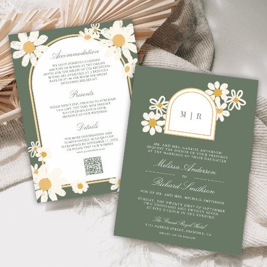 Sage Green Retro Yellow Daisy All in One Wedding Kaart