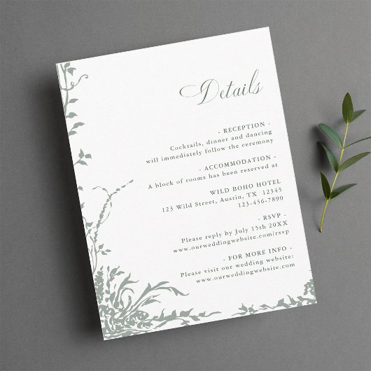 Sage Green Romantic Floral Garden Wedding Details Informatiekaartje