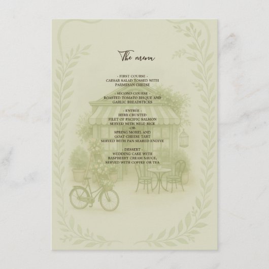 sage green romantic wedding outdoor café menu (Voorkant)