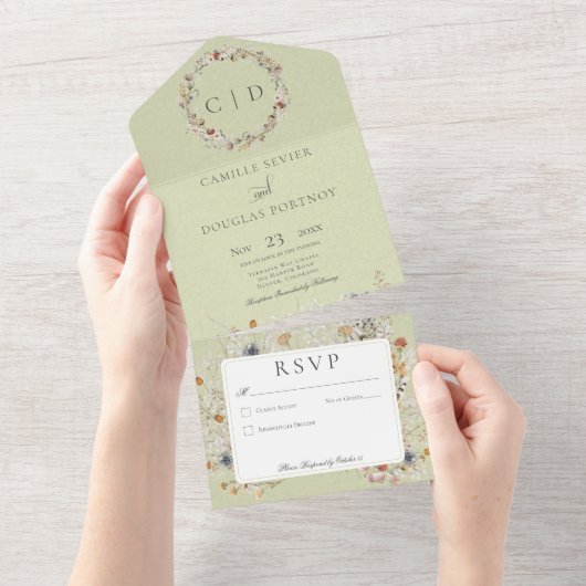 Sage Green  Romantic Wildflower No Dinner All In One Uitnodiging (Afscheurbaar)