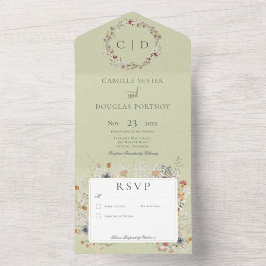 Sage Green  Romantic Wildflower No Dinner All In One Uitnodiging (Binnen)