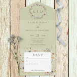 Sage Green  Romantic Wildflower No Dinner All In One Uitnodiging<br><div class="desc">OOK BESCHIKBAAR IN STIJLEN MET DINEROPTIES OF MET EEN QR-CODE. Dit geïnspireerde ontwerp kenmerkt een monogram van de initialen van het stel omringd door een prachtige massa delicate natuurbloemen in stoffige periwinkle blauw, maroon, lavendel, stoffige roze, ivoor, zacht geel en groen. De stoffige lichte groene achtergrond heeft een verouderde, gekraakte...</div>