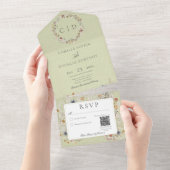 Sage Green Romantic Wildflower QR-code All In One Uitnodiging (Afscheurbaar)