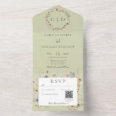 Sage Green Romantic Wildflower QR-code All In One Uitnodiging (Binnen)