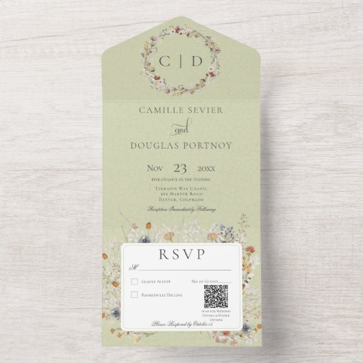 Sage Green Romantic Wildflower QR-code All In One Uitnodiging (Binnen)