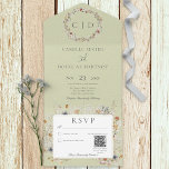 Sage Green  Romantic Wildflower QR-code All In One Uitnodiging<br><div class="desc">BESCHIKBAAR MET OF ZONDER QR-CODE. Dit geïnspireerde ontwerp kenmerkt een monogram van de initialen van het stel omringd door een prachtige massa delicate natuurbloemen in stoffige periwinkle blauw, maroon, lavendel, stoffige roze, ivoor, zacht geel en groen. De stoffige lichte groene achtergrond heeft een verouderde, gekraakte verschijning. Een andere wildbloemboeket in...</div>