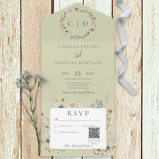 Sage Green Romantic Wildflower QR-code All In One Uitnodiging