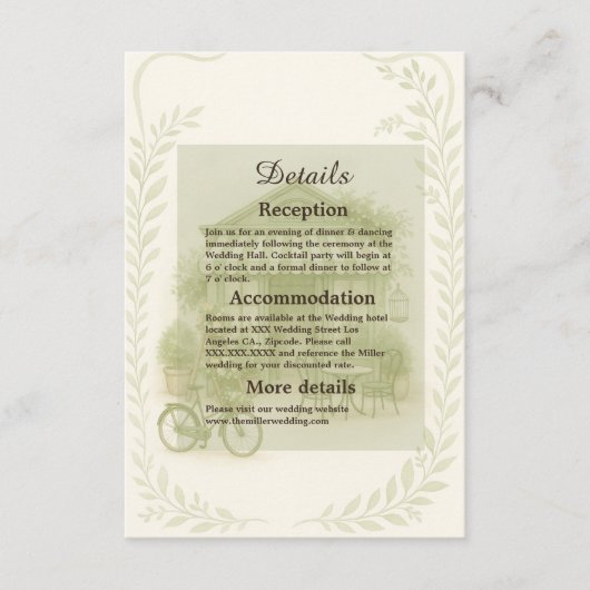 Sage Green Romantisch bruiloft outdoor café Informatiekaartje (Voorkant)