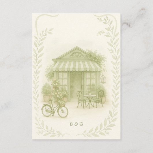 Sage Green Romantisch bruiloft outdoor café Informatiekaartje (Achterkant)