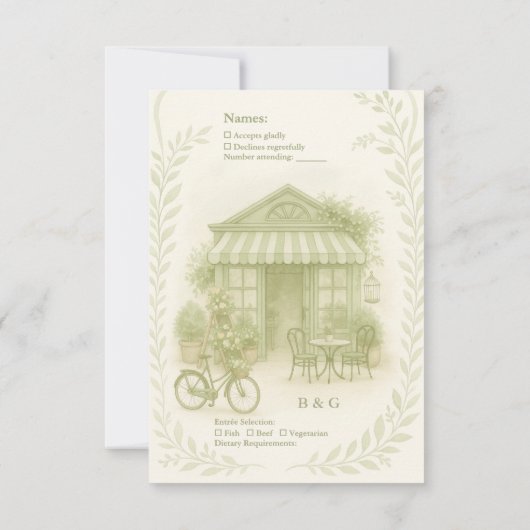 Sage Green Romantisch bruiloft outdoor café RSVP Kaartje (Achterkant)