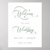 Sage Green Romantisch Swirly Script Huwelijk Welko Poster (Voorkant)