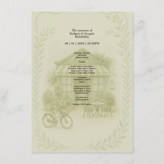 Sage Green Romantisch Wedding Outdoor Café Program Menu (Achterkant)
