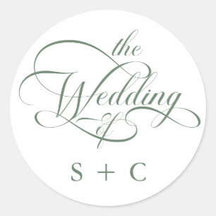 Sage Green Romantische Classy Calligrafie Trouwen Ronde Sticker