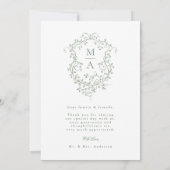 Sage Green Romantische Franse Floral Crest Foto Bedankkaart (Achterkant)