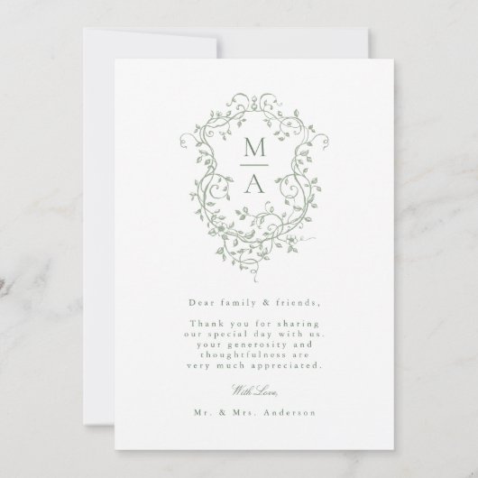 Sage Green Romantische Franse Floral Crest Foto Bedankkaart (Achterkant)