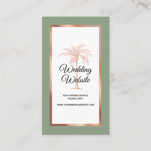 Sage Green Roos Gold Copper Palm Wedding Website Informatiekaartje (Voorkant)