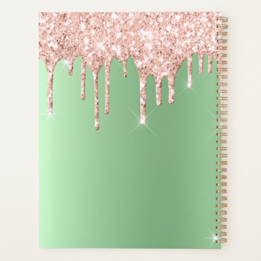 Sage Green Roos Gold Drip Glitter Sparkle Monogram Planner (Achterkant)