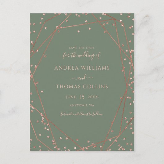 Sage Green Roos Gold Geometric Save the Date Aankondigingskaart (Voorkant)