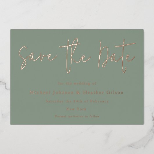 Sage Green & Roos Gold Wedding Save the Date Folie Uitnodiging (Voorkant)