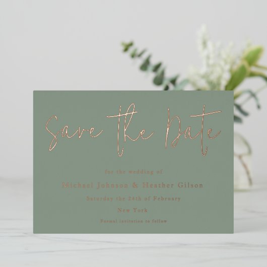 Sage Green & Roos Gold Wedding Save the Date Folie Uitnodiging (Staand Voorkant)