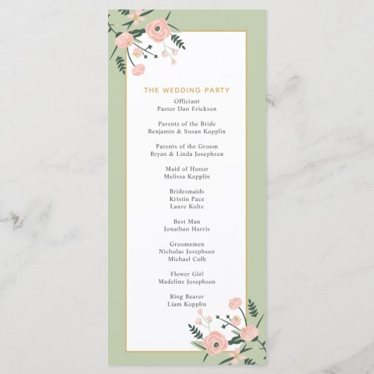 Sage Green & Roos Pink Garden Elegant Wedding Programmakaart (Achterkant)