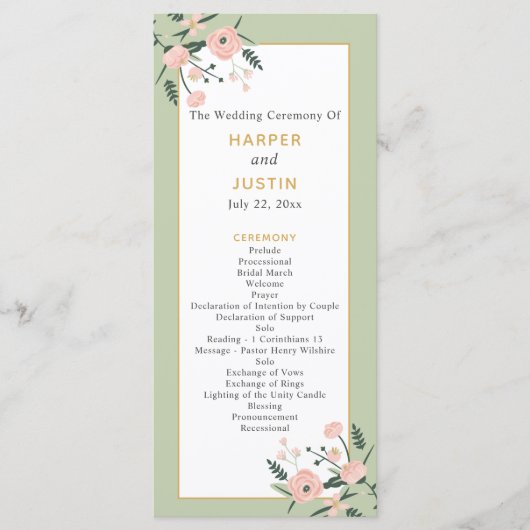 Sage Green & Roos Pink Garden Elegant Wedding Programmakaart (Voorkant)