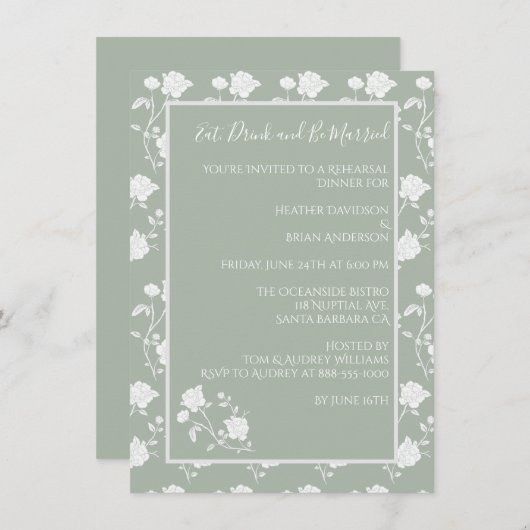 Sage Green Roos Rehearings Dinner Invitation Kaart (Voorkant / Achterkant)