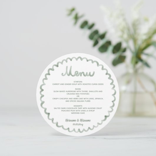 Sage Green Round Whimsical Frame Wedding Menu (Staand voorkant)