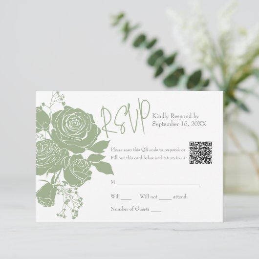 Sage Green Rozen met QR code Response Kaart (Staand voorkant)