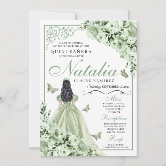 Sage Green Rozen Princess Dress Quinceanera Kaart (Voorkant)