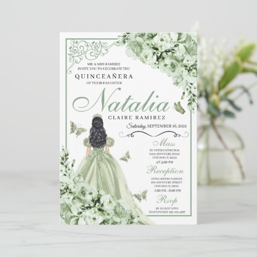 Sage Green Rozen Princess Dress Quinceanera Kaart (Staand voorkant)