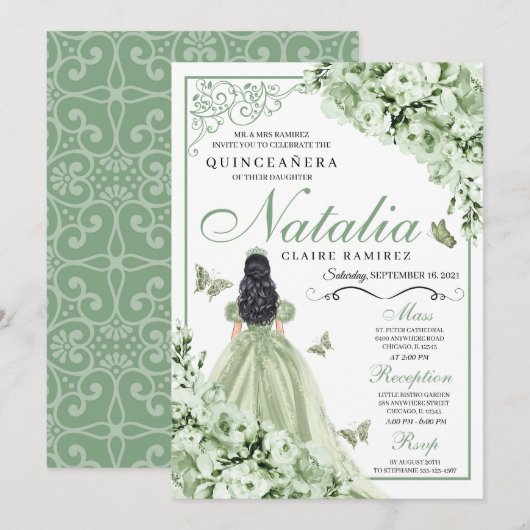 Sage Green Rozen Princess Dress Quinceanera Kaart (Voorkant / Achterkant)