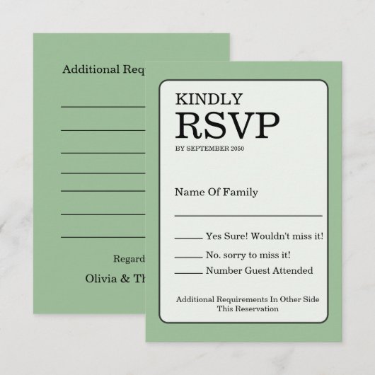Sage Green RSVP Card Kaartje (Voorkant / Achterkant)