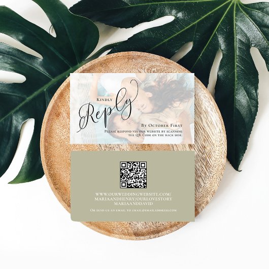 Sage Green RSVP Foto Elegant Huwelijk Informatiekaartje