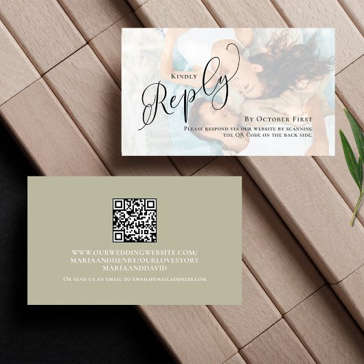 Sage Green RSVP Foto Elegant Huwelijk Informatiekaartje